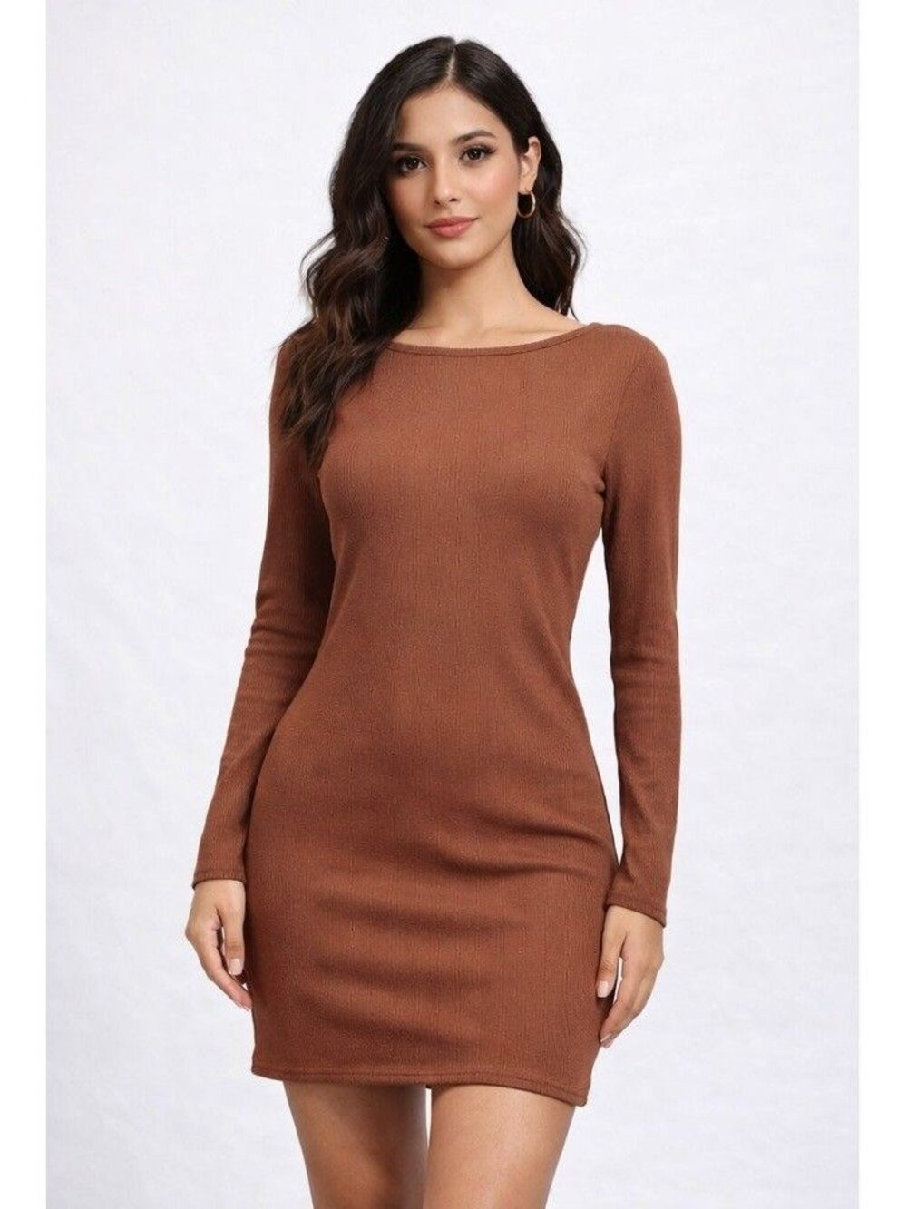 PrettyLittleThing Mini Dress Womens Sz 4 Brown Ribbed Knit Long Sleeve Open Back